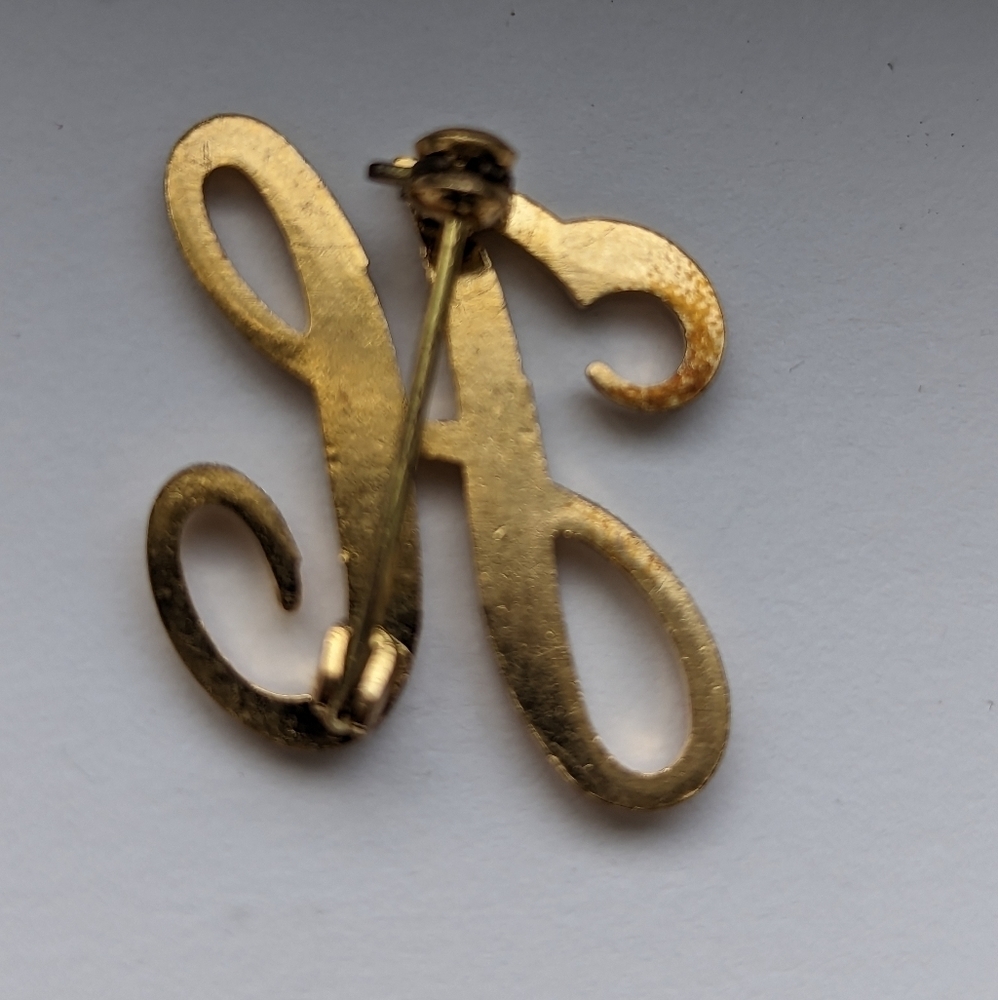 Initial H Gold tone with Rhinestone 1" brooch pin signature letter H - Picture 2 of 6